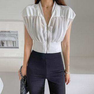 Ruched Sheer-panel Zip-up Vest