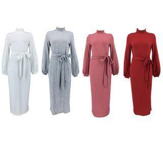 Long Sleeve High Neck Tie-waist Shift Dress