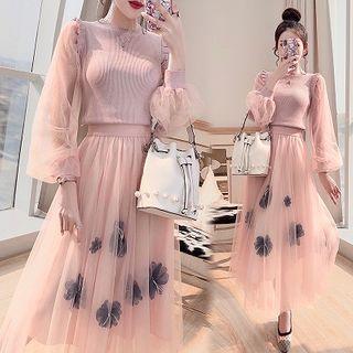 Set: Puff-sleeve Blouse + Mesh Skirt