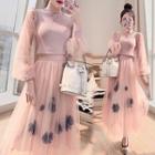 Set: Puff-sleeve Blouse + Mesh Skirt