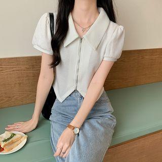 Puff-sleeve Collar Zip-up Top