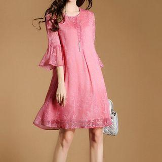 Flower Embroidered 3/4 Sleeve Chiffon Dress