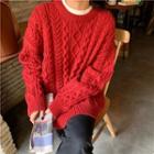 Long-sleeve Plain Cable Knit Sweater Red - One Size