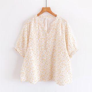 Elbow-sleeve Floral Print Blouse Mango Yellow - One Size