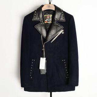 Studded Faux Leather Collar Zip Coat