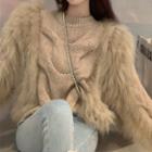 Fluffy Panel Cable Knit Sweater Khaki - One Size