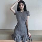 Short-sleeve Plaid Ruffle Hem Mini Sheath Dress