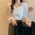 Long-sleeve Mesh Panel Shirred Blouse