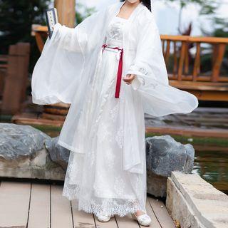 Hanfu Set: Embroidered Hanfu Jacket + Camisole Top + Hanfu Top + Lace Overlay Maxi Skirt