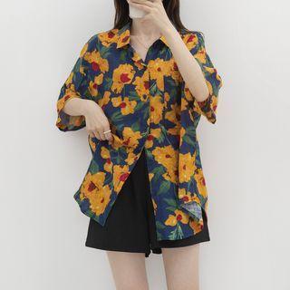 Elbow-sleeve Floral Hawaiian Shirt Yellow & Green - One Size