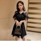 Short-sleeve Ruffled Mesh Paneled Sequined A-line Mini Dress