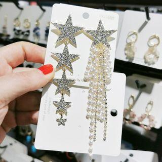 Non-matching Rhinestone Star Faux Pearl Fringed Earring 1 Pair - Silver - One Size