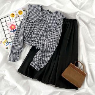 Collared Gingham Blouse / Midi A-line Skirt