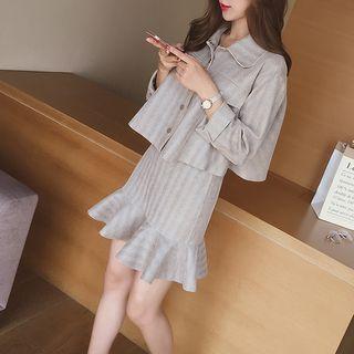 Set: Striped Jacket + Ruffle Hem A-line Skirt