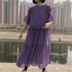 Short-sleeve Floral Maxi Chiffon Dress Purple - One Size