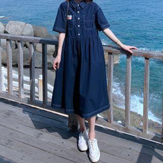 Short-sleeve Henley Denim Midi Shirtdress