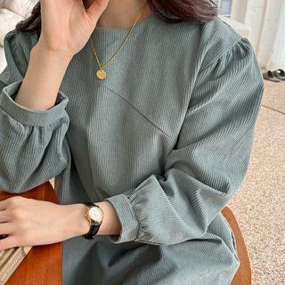 Long-sleeve Corduroy Shift Dress Grayish Green - One Size