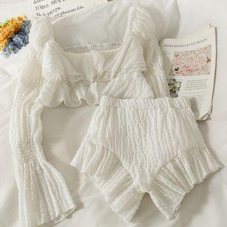 Set: Bell-sleeve Ruffled Crop Top + Ruffled Hot Shorts