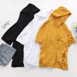 Hooded Short-sleeve Distressed T-shirt