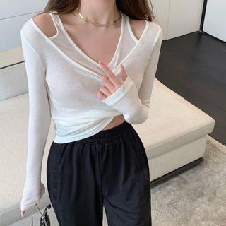 Long-sleeve Mock-two Piece Plain T-shirt White - One Size