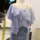 Cold Shoulder Pinstripe Ruffled Blouse