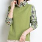 Mock Two-piece Knit Panel Plaid Shirt Collar Long-sleeve Sweater