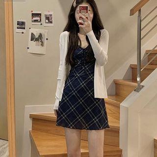 Spaghetti Strap Plaid Mini A-line Dress / Caridgan