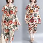 Set: Flower Print Short-sleeve Top + Cropped Straight-cut Pants