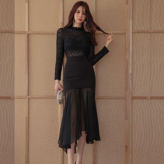 Long-sleeve Mesh Panel Eyelet Lace Midi Sheath Dress