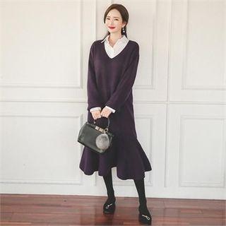 V-neck Ruffle-hem Knit Dress