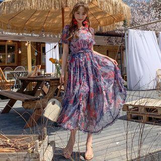 Set: Sheer Floral Maxi Dress + Mini Pinafore Dress Navy Blue - One Size