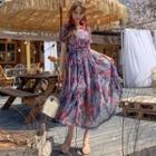 Set: Sheer Floral Maxi Dress + Mini Pinafore Dress Navy Blue - One Size
