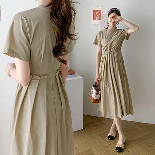 Drawcord-waist Pleated Long Flare Dress