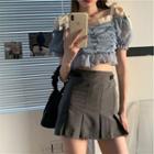 Puff-sleeve Cold-shoulder Blouse / Mini A-line Skirt