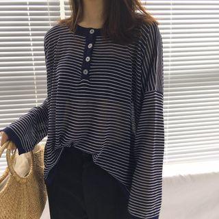 Pinstriped Long Sleeve Henley T-shirt
