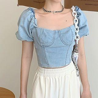 Denim Puff-sleeve Cropped Top