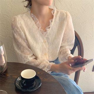 Lace V-neck Single-breasted Top Almond - One Size