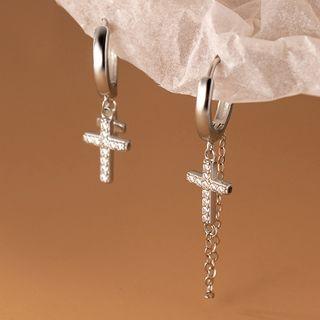 Cross Chained Asymmetrical Sterling Silver Dangle Earring 1 Pair - Asymmetric - Silver - One Size