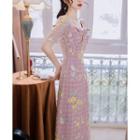Short-sleeve Embroidered Plaid Midi A-line Dress