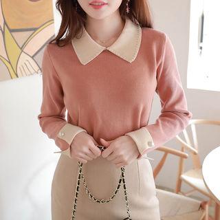 Contrast-collar Faux-pearl Detail Knit Top
