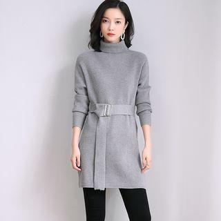 Turtleneck Tie-waist Ribbed Slit Long Sweater