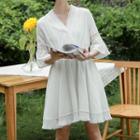 Lace Elbow-sleeve A-line Dress White - One Size