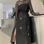 Long Sleeve Mesh Top / Slit A-line Skirt / Butterfly Pant Chain