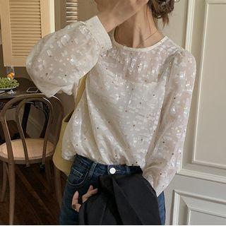 Set : Sleeveless Round-neck Plain Camisole + Long-sleeve Round-neck Sequined Chiffon Top Almond - One Size