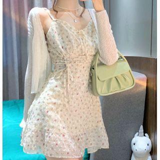 Drawstring Floral Strappy Mini Dress / Plain Cardigan