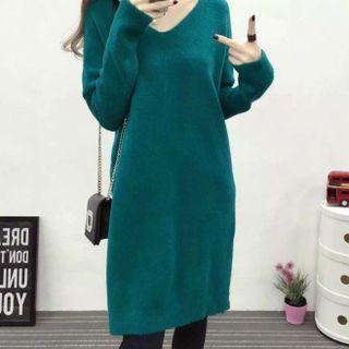 Batwing Long-sleeve V-neck Loose Fit Knit Midi Dress