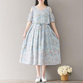 Set: Floral Print Cut Out Shoulder Elbow Sleeve Top + Midi Tank Dress