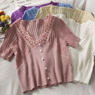 Lace-trim Slim-fit Crop Knit Top In 7 Colors