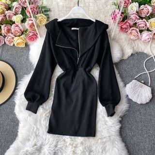 Zip-front Long-sleeve Hooded Slim-cut Dress