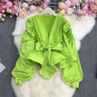 Long-sleeve Puffy Tie-front Bow Blouse